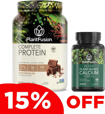 PlantFusion Complete Vegan Protein Powder & Calcium Bundle - Plant Based Protein Powder with BCAAs, Digestive Enzymes and Pea Protein