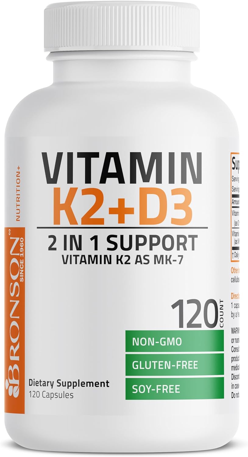 Bronson Vitamin K2 (MK7) with D3 Supplement Non-GMO Formula 5000 IU Vitamin D3 & 90 mcg Vitamin K2 MK-7 Easy to Swallow Vitamin D & K Complex, 120 Capsules. : Health & Household