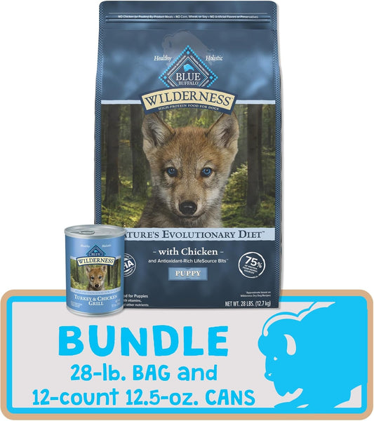 Blue Buffalo Wilderness High Protein, Natural Grain Free Puppy Dry Dog Food And Wet Puppy Food, Turkey And Chicken (24-Lb Dry Food + 12.5Oz Cans 12Ct)