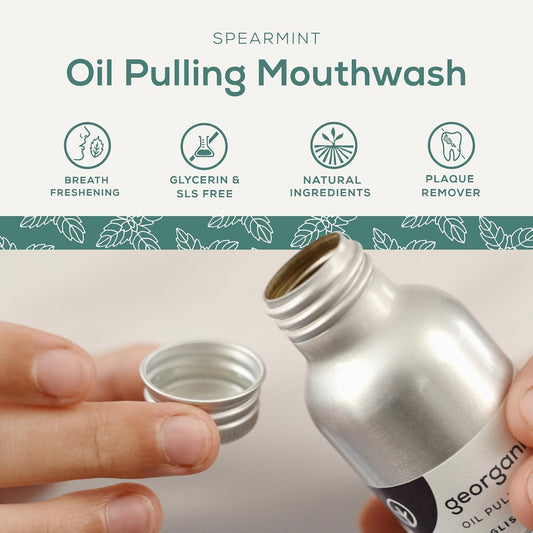 Georganics Whitening Oil Pulling Mouthwash - Spearmint - Plaque-Reducing Coconut Oil Blend - 100% Natural Ingredients - Sls, Glycerine & Fluoride Free - Cosmos Organic, Vegan, Cruelty-Free - 275Ml
