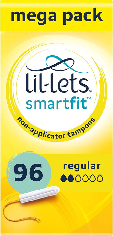 Lil-Lets Non-Applicator Regular Tampons X 96, (6 Packs of 16 Tampons), For Light to Medium Flow, 2 Droplets, Plant-Based, SmartFit™ Non-App Tampon