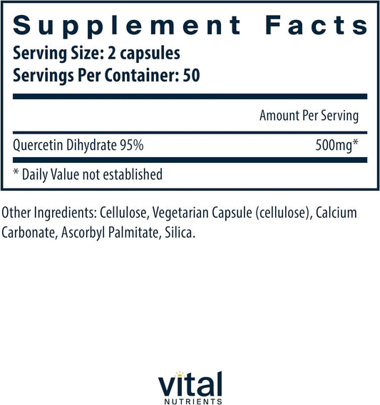 Vital Nutrients Quercetin | Vegan Quercetin Supplement With Bioflavonoids For Sinus, Respiratory, Heart, & Immune Function Support | Gluten, Dairy, Soy Free | 500Mg | 100 Capsules