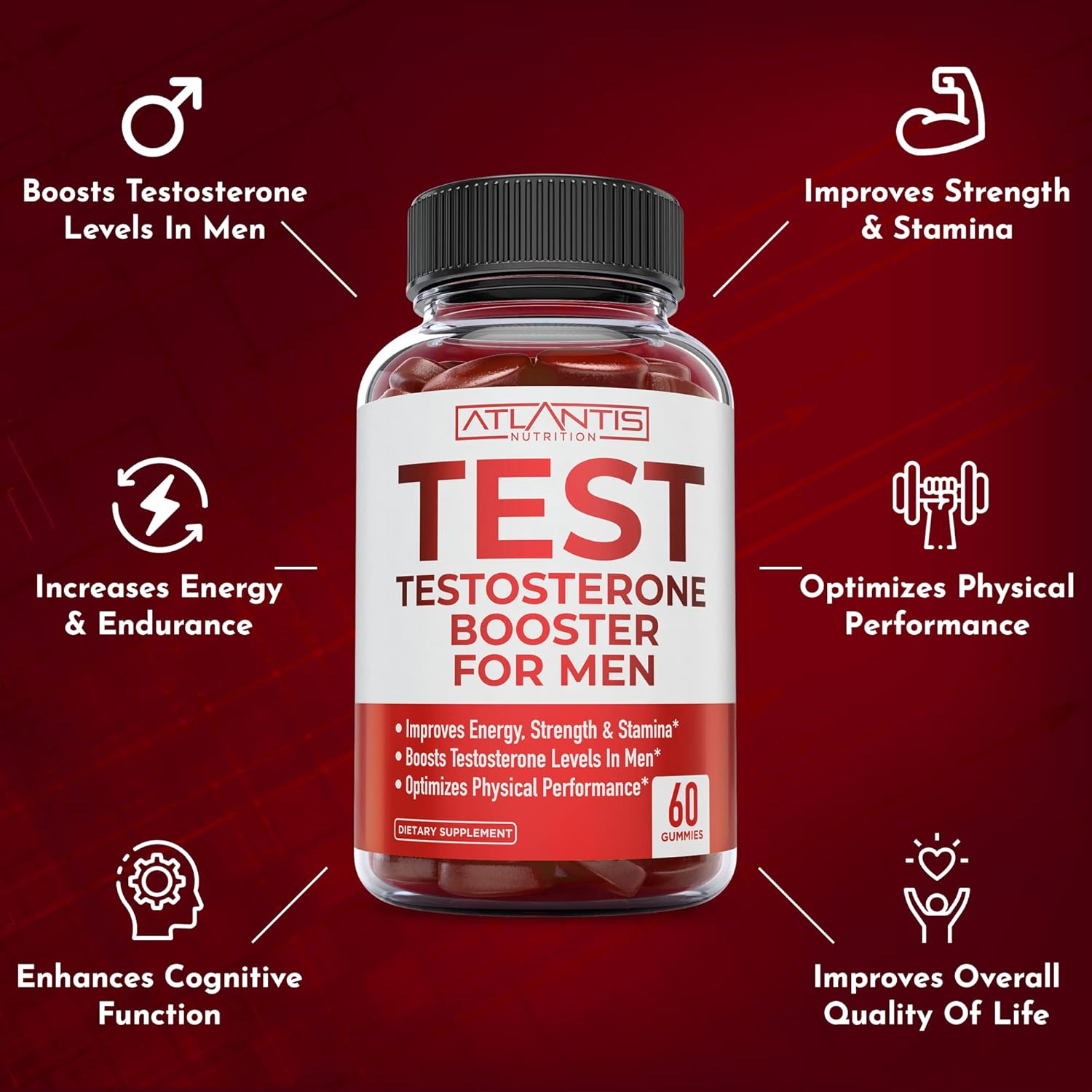 Atlantis Nutrition Testosterone Booster For Men Gummies - Male Enhancement, Boosts Energy, & Optimizes Physical Performance Formulated W/Tribulus, Horny Goat Weed, Saw Palmetto, Maca Root - 60 Gummies : Health & Household