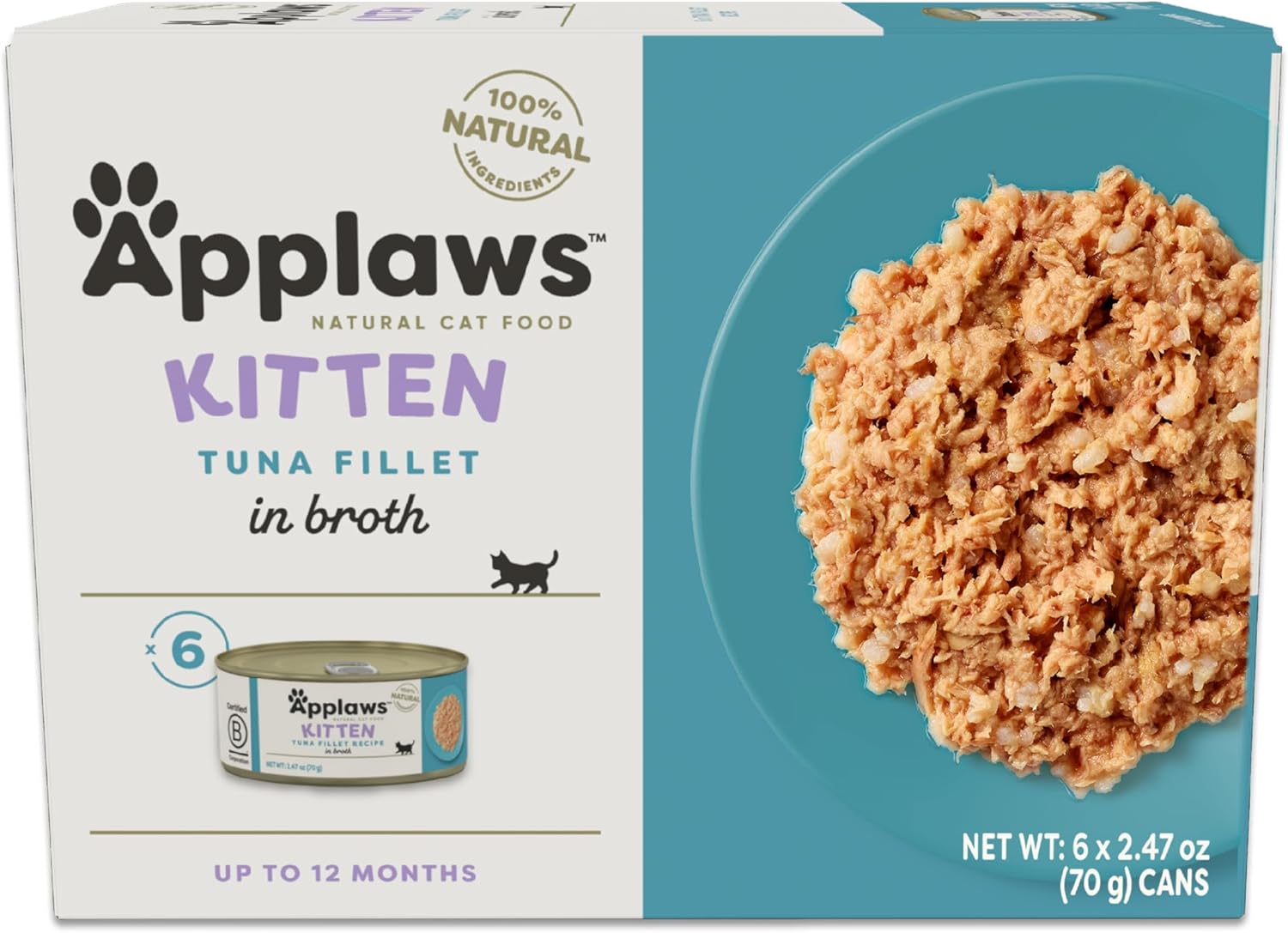 Applaws Natural Wet Kitten Food In Broth, Limited Ingredient Canned Wet Kitten Food, No Additives, Made With Natural Ingredients, Tuna Fillet In Broth (6 X 2.47Oz Cans)