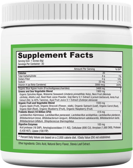 Doctor Recommended Greens Powder  Whole Food Nutritional Supplement  Probiotics And Digestive Enzymes  Berry Taste  Gluten-Free, Non-Gmo, Dairy-Free, Caffeine-Free, No Artificial Sweeteners