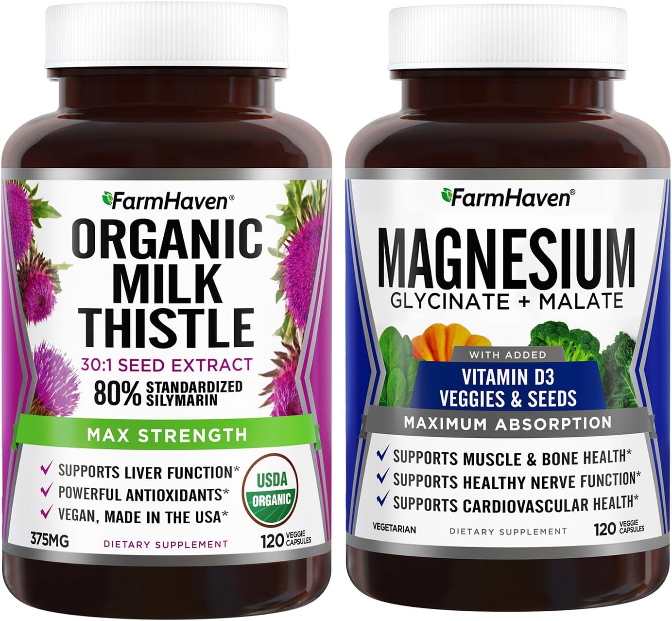 FarmHaven Milk Thistle Capsules 11250mg & Magnesium Glycinate & Malate Complex w/Vitamin D3