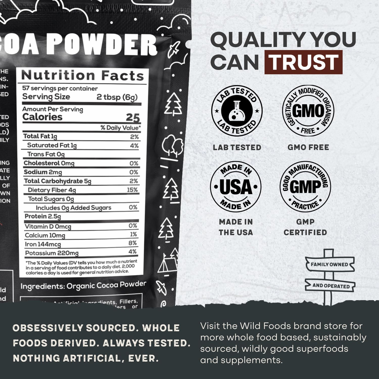 Wild Foods Organic Cocoa Powder | Single Origin Unsweetened Keto Chocolate Powder For Cooking & Baking | 100% Natural Cacao Beans | Sugar Free Non Dutch Raw Superfood | 12 Oz