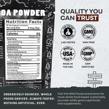 Wild Foods Organic Cocoa Powder | Single Origin Unsweetened Keto Chocolate Powder For Cooking & Baking | 100% Natural Cacao Beans | Sugar Free Non Dutch Raw Superfood | 12 Oz