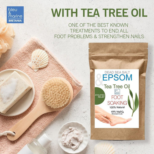 Bleu & Marine Bretania - Natural Epsom Bath Salts 250G | Infused With Tea Tree & Peppermint Essential Oil | 6X More Effective | Therapeutic Foot Soak | Nail & Skin Treatment, 250 G Pack Of 1