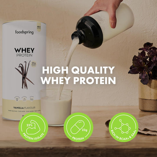 Foodspring Whey Protein Powder Vanilla – With 23G Protein For Muscle Building, Perfect Solubility, From Pasture Milk, Rich In Bcaas & Eaas - New Formula (750 G)
