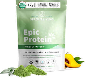 Sprout Living Epic Protein, Plant Based Protein & Superfoods Powder, Mindful Matcha | 17 Grams Organic Protein Powder, Vegan, Non-Gmo, Gluten Free, Adaptogens + Nootropics (1 Pound, 12 Servings)