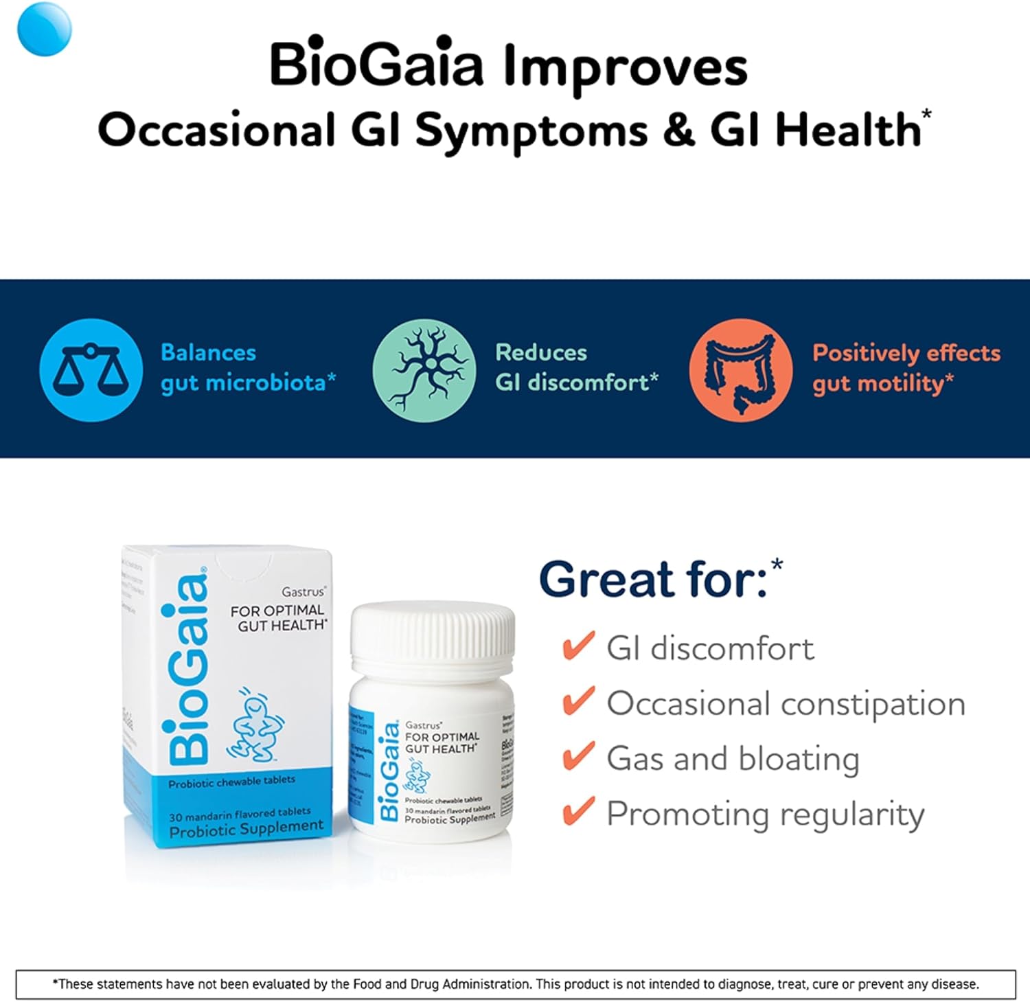 BioGaia Gastrus Chewable Tablets, Adult Probiotic Supplement for Stomach Discomfort, Constipation, Gas, Bloating, Regularity, Non-GMO, 30 Tablets, 1 Pack : Health & Household