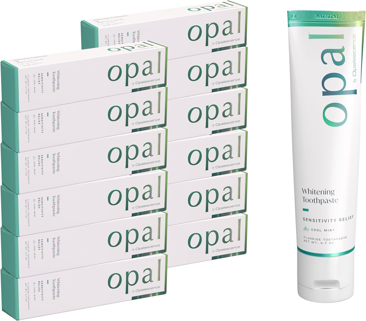 Opal by Opalescence Sensitive Teeth Whitening Toothpaste (Pack of 12) - Cool Mint Sensitivity Formula - Oral Care, Gluten-Free - 4.7 Ounce Made by Ultradent.- OPAL-SENS-5761-12