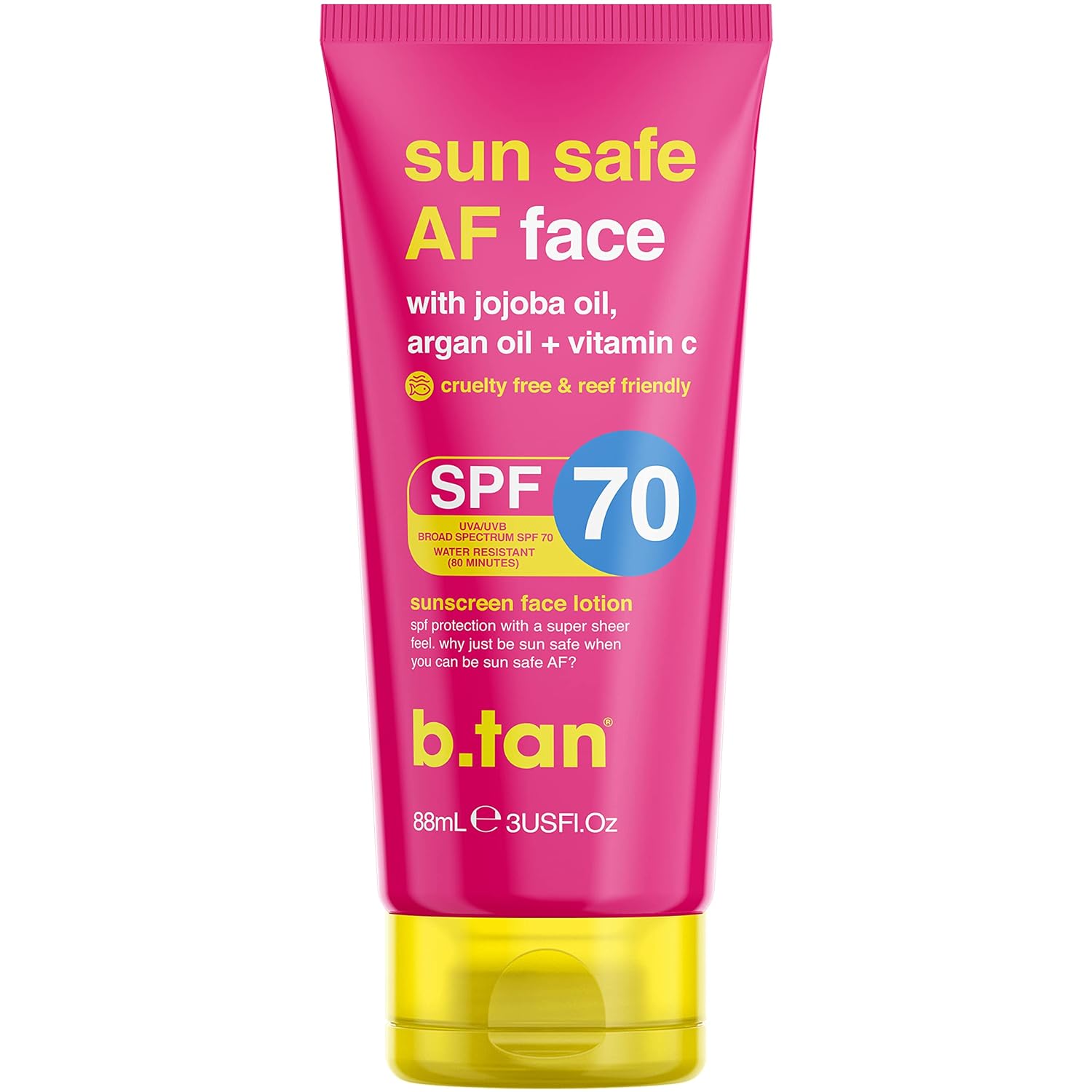 B.Tan Face Sunscreen, Sun Safe Af Spf70 Facial Sunscreen. Cruelty-Free, 100% Vegan & Reef Safe Sunscreen For Face. Lightweight, Sheer Lotion For All Skin Types With Hydrated Matte Finish. 3 Fl Oz