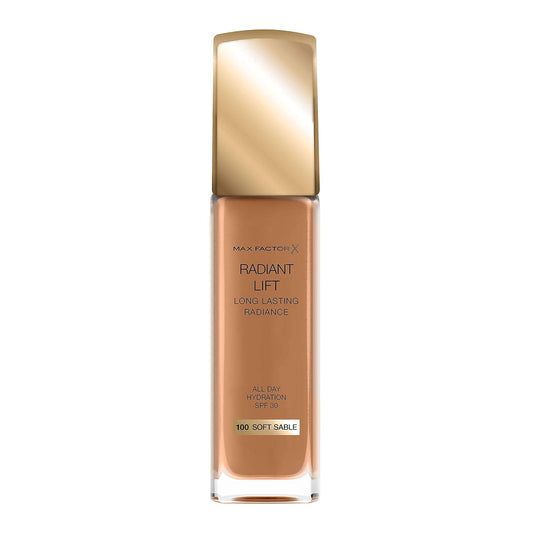 Max Factor Radiant Lift Liquid Pump Medium To Full Coverage Radiant Finish Foundation With Spf30 And Hyaluronic Acid, 100 Soft Sable, Dark Skin Tone, 30Ml