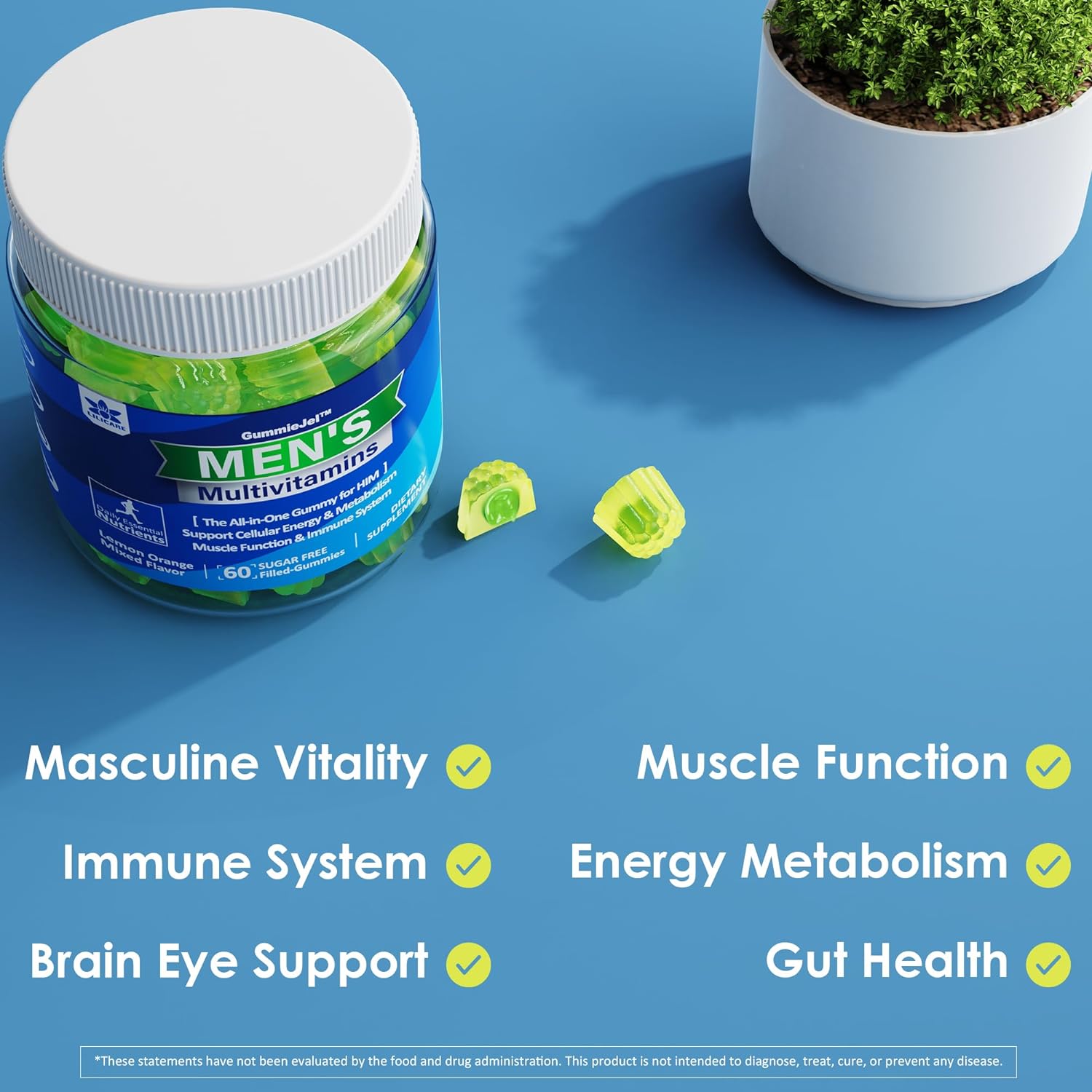 Mens Multivitamins Gummies, Multiminerals, Vegan Omega 3, Coq10, Probiotics, Daily Mens Vitamins A C D3 E B6 B12, Methylated Multivitamin For Men - Energy, Immunity, Sugar Free, Vegan (No Iron) 60 Cts