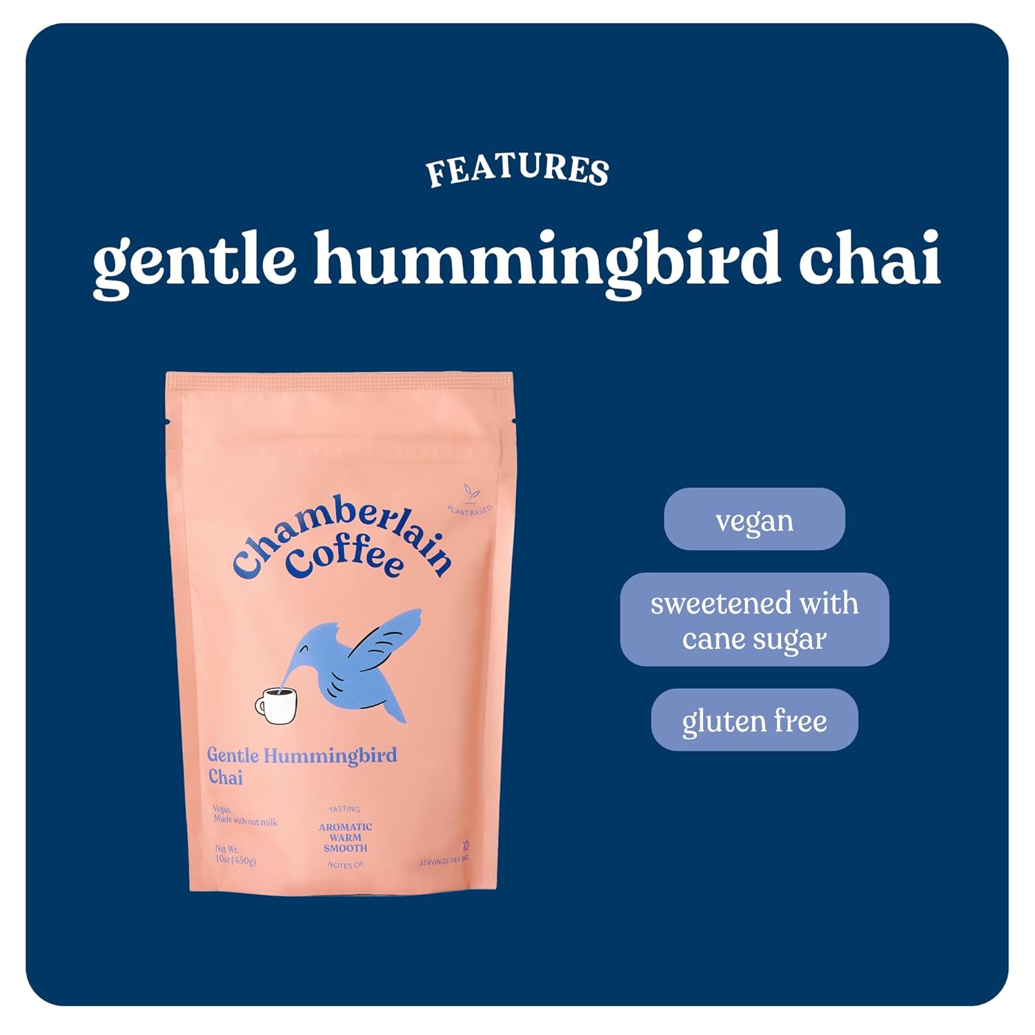 Chamberlain Coffee Gentle Hummingbird Chai Mix - Warm, Aromatic Vegan Chai With Oat Milk, Vanilla & Spices - Hot Or Iced Instant Chai Latte - 10Oz - 10 Servings