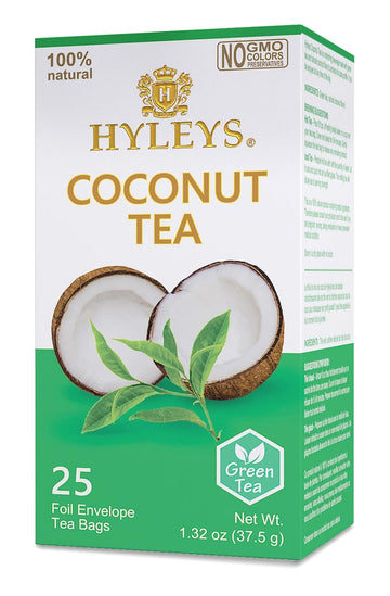 Hyleys Wellness Natural Coconut With Green Tea - 25 Tea Bags (Gmo Free, Gluten Free, Dairy Free, Sugar Free & 100% Natural)