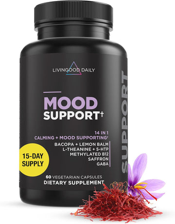 Livingood Daily Mood Support Supplement, 60 Vegetarian Capsules - Bacopa, Lemon Balm, Gaba, Saffron, & 5Htp Pills Support Brain Function & Emotional Wellness - Non-Gmo & Vegan 5-Htp Supplements