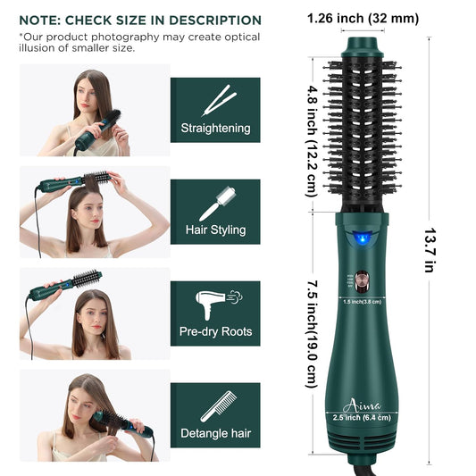 Aima Beauty Hair Dryer Brush, One Step Hair Dryer & Volumizing Hot Air Brush, 3 Heat/Speed Settings, Advanced Ionic Technology, Ceramic Coating, Nylon Pins & Tufted Bristles, Dark Green, 1000W, 125V