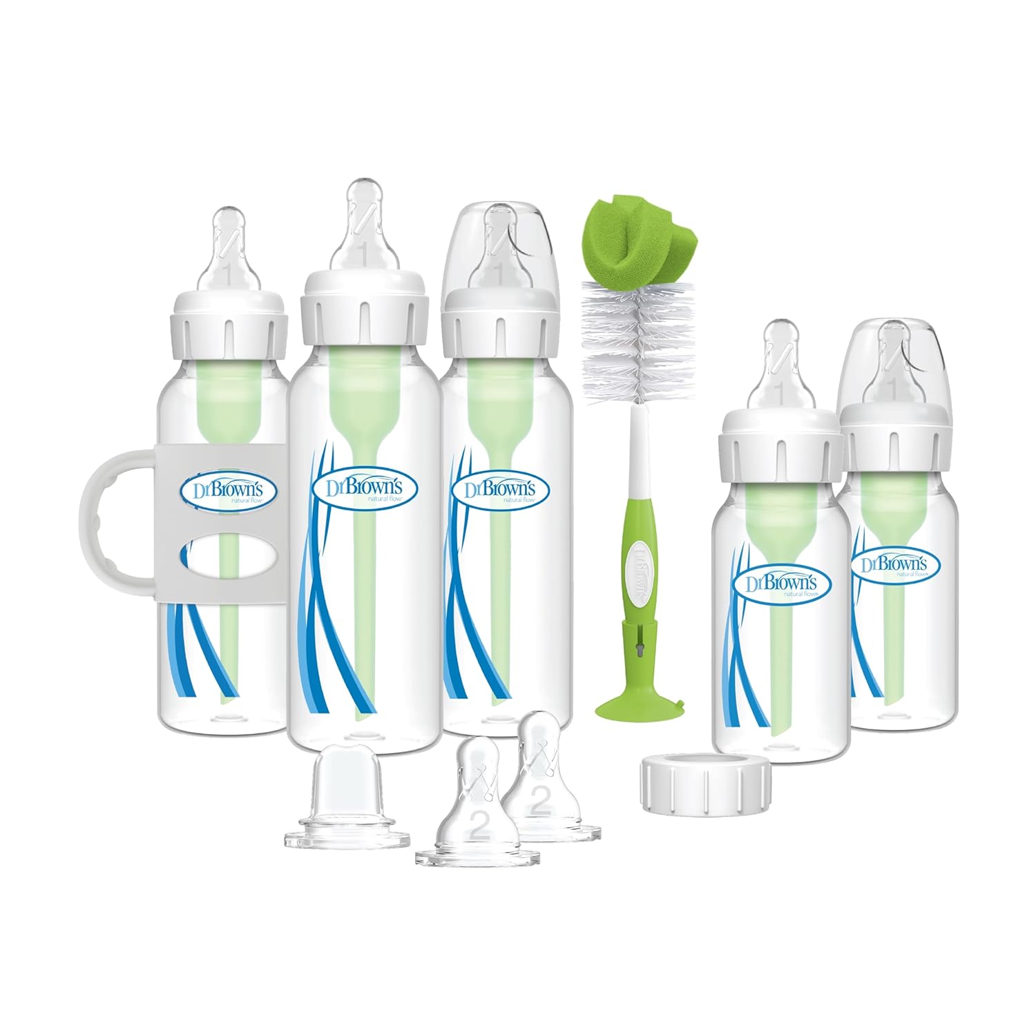 Dr. Brown'S Natural Flow® Anti-Colic Options+™ Narrow Bottle To Sippy Gift Set With Soft Silicone Sippy Spout, Removable Silicone Handles, Travel Cap And Bottle Brush