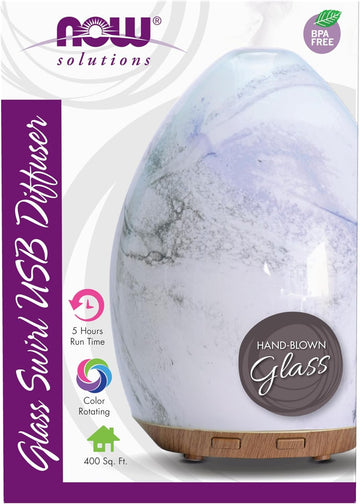 Now Essential Oils, Ultrasonic Usb Glass Swirl Aromatherapy Oil Diffuser, Extremely Quiet, Heat Free And Easy To Clean, Color Changing Led Diffuser