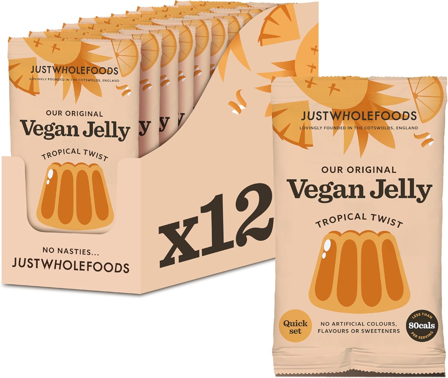 Just Wholefoods Vegan Jelly 12 X 85G | Gluten Free, Quick Set, Gelatine Free | Free From Artificial Colours And Flavouring | Makes 12 Pints Of Jelly (Tropical)