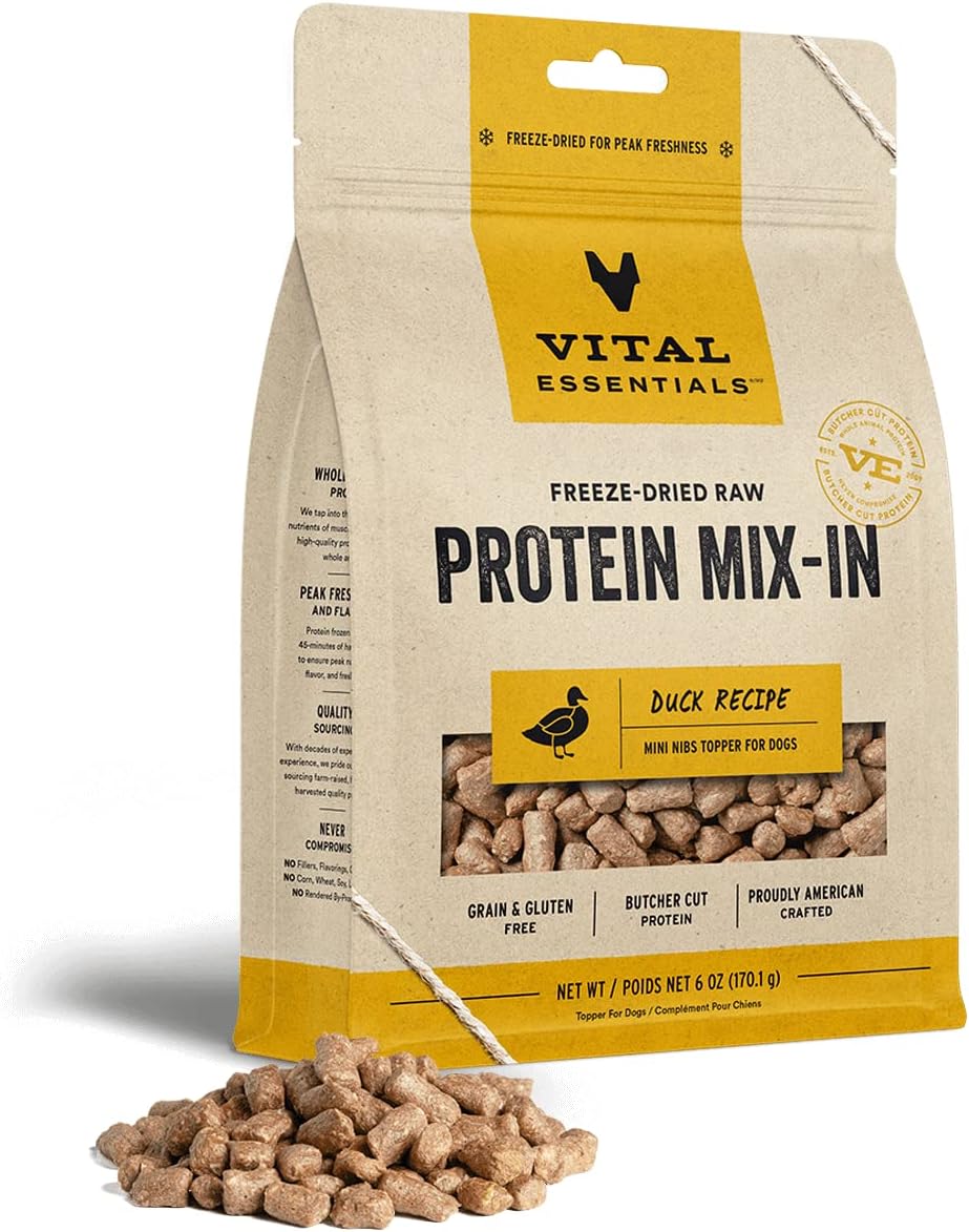 Vital Essentials Freeze Dried Raw Protein Mix-In Dog Food Topper, Duck Mini Nibs Topper For Dogs, 6 Oz