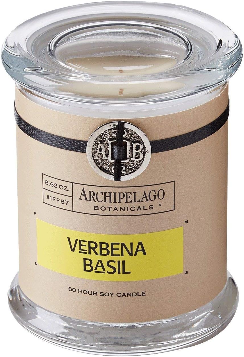 Archipelago Botanicals Soy Candle Hand-Poured Premium Wax, Scented Candle for Home, Burns Approx. 60 Hours, Verbena Basil, Glass Candle Jar, 4.5 Inch, 8.6oz