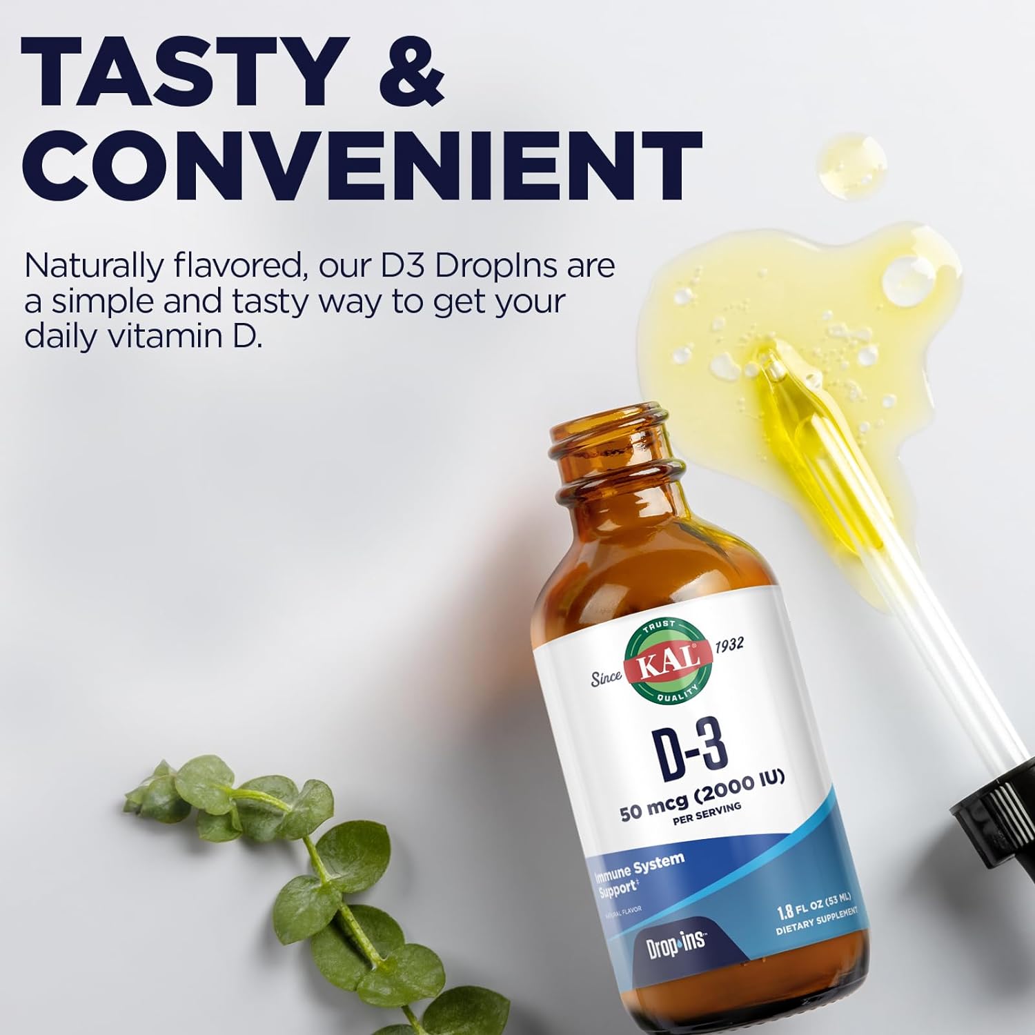 KAL Vitamin D3 2000 IU (50 mcg) DropIns - Liquid Vitamin D3 Drops - Bone Strength and Immune Support Supplement - Vegetarian, 60-Day Guarantee, Approx. 590 Servings, 1.8oz : Health & Household