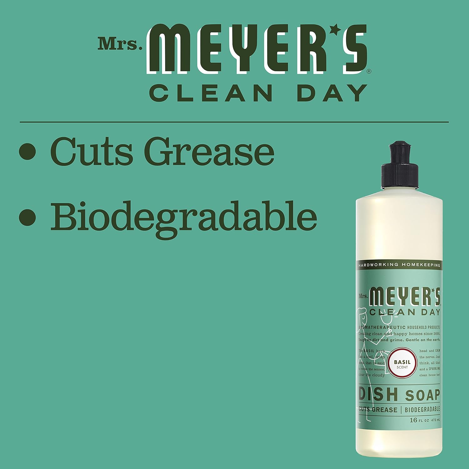 Mrs. Meyer's Clean Day Liquid Dish Soap Basil, 16 Fl Oz (Pack of 1) : Health & Household