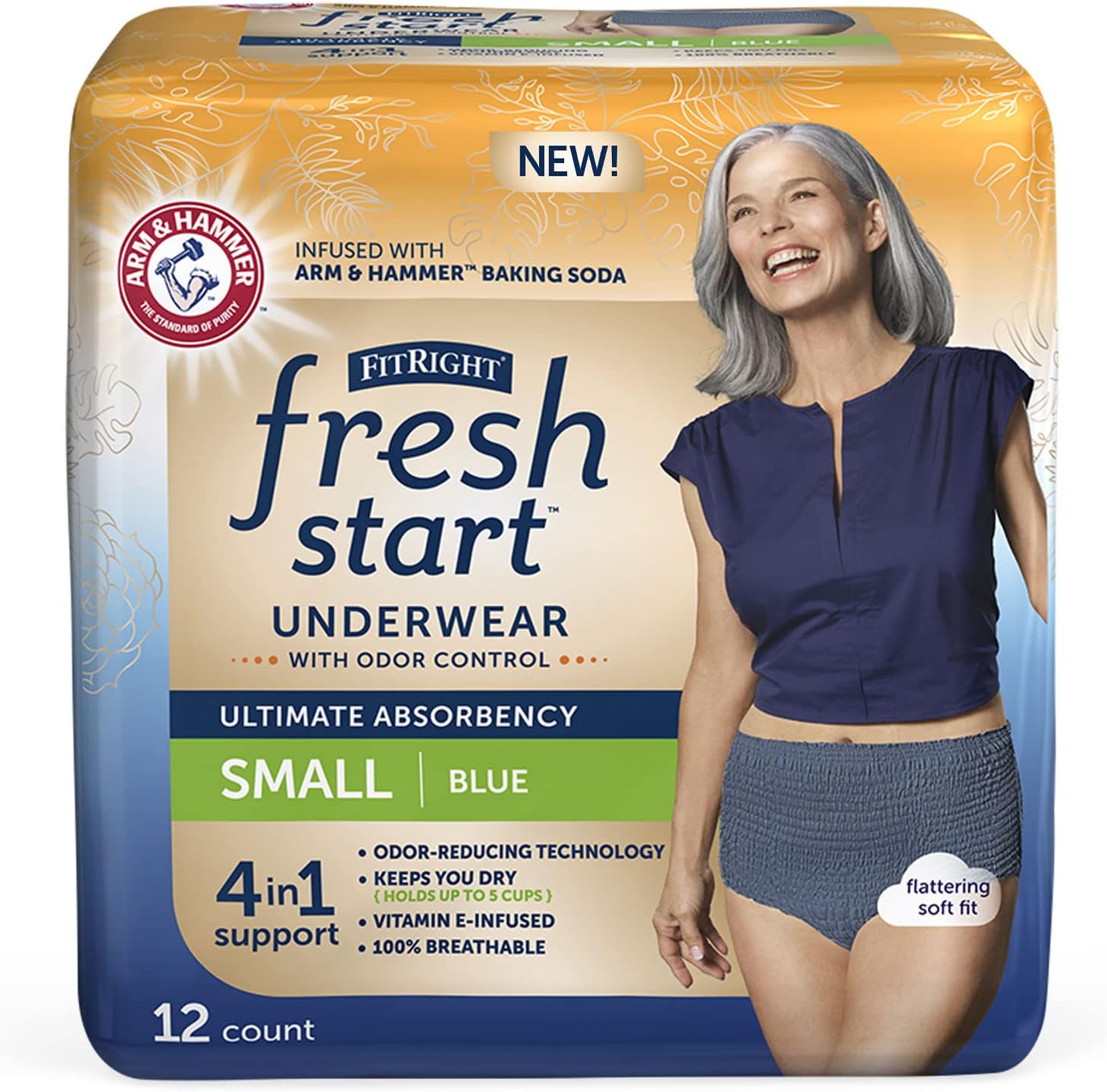 Fitright Fresh Start Urinary And Postpartum Incontinence Underwear For Women, Small, Blue, Ultimate Absorbency, With The Odor-Control Power Of Arm & Hammer Baking Soda (12 Count, Pack Of 1)