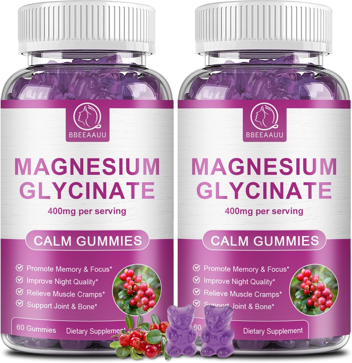 Magnesium Glycinate Gummies 400 Mg, High Absorption Magnesium Glycinate Supplement With Potassium, Calcium, Vitamin D, B6 & Coq10 For Night, Muscle Support Cranberry Flavor 60 Count (2 Packs)