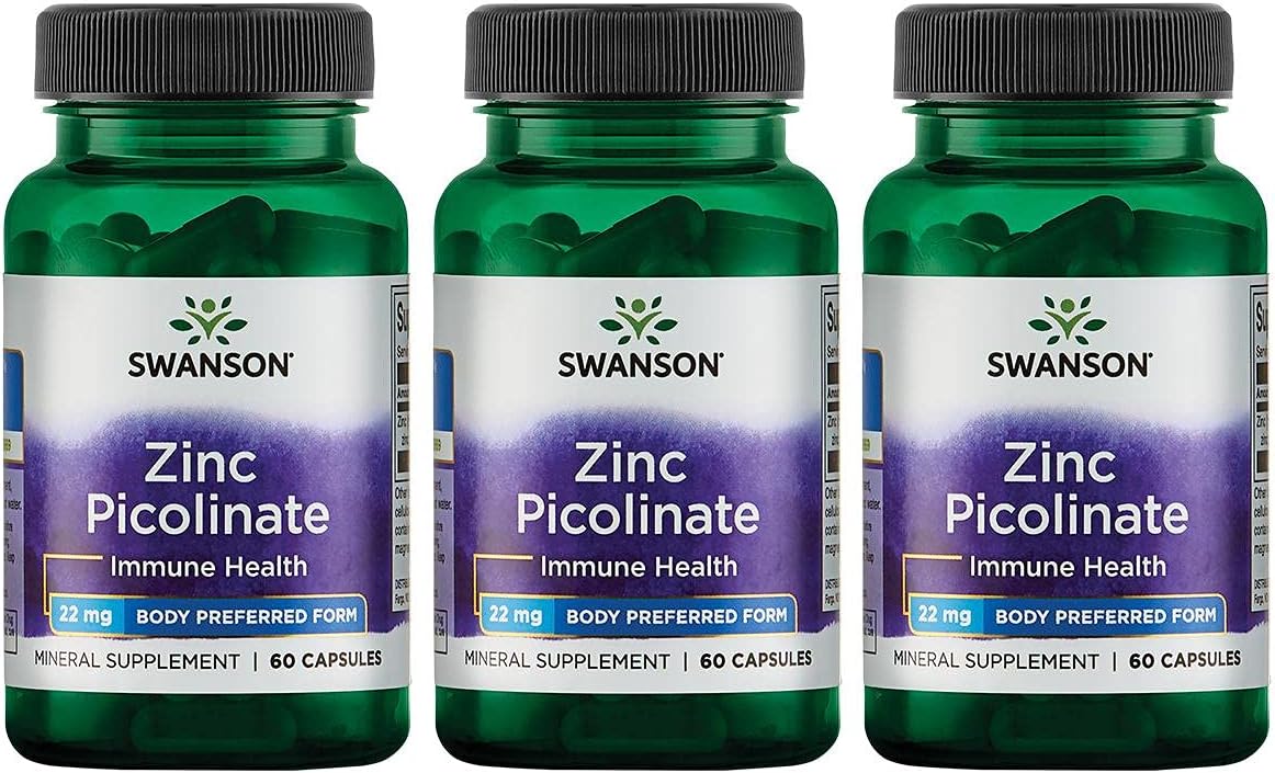 Swanson Zinc Picolinate - Mineral Supplement Promoting Prostate Health, Vision Health, & Immune Support - Body Preferred Form Of Chelated Zinc - (60 Capsules, 22Mg Each) 3 Pack