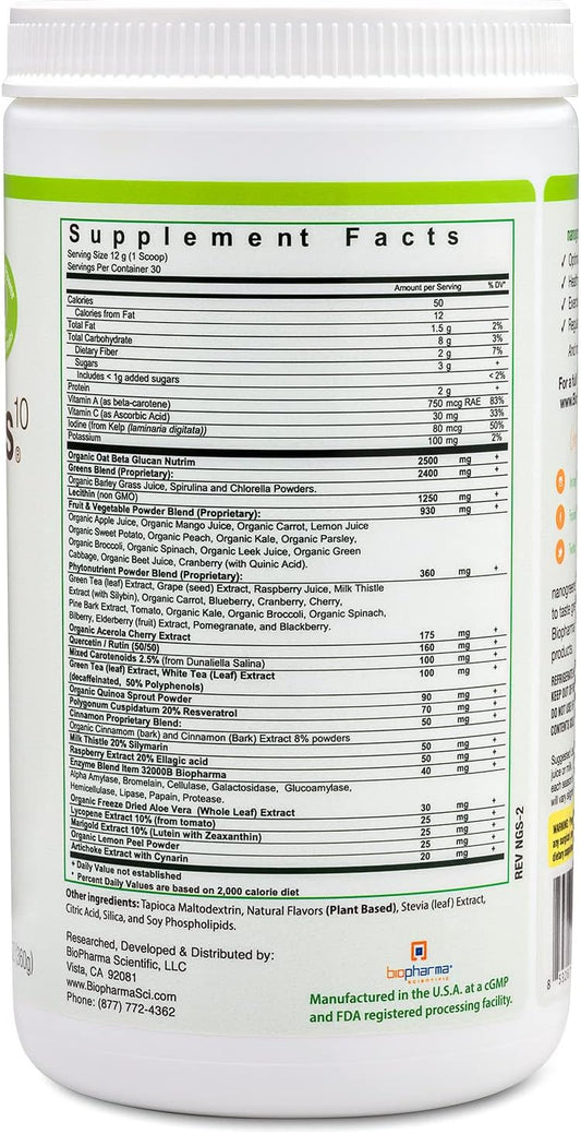 Biopharma Scientific NanoGreens: Greens Superfood Fruit & Vegetable Powder for Digestive Health & Immunity with Spirulina, Chlorella, Kale, Spinach, Plant Based, Strawberry Flavor, 30 Servings