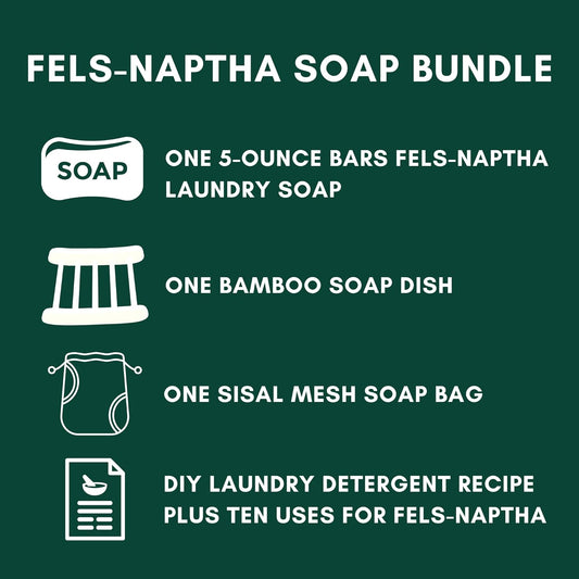 Fels-Naptha Laundry Detergent Bar Soap and Stain Remover Bundle - Includes 1 (5-ounce) Fels-Naptha Laundry Bar, Bamboo Soap Holder, Sisal Soap Bag, DIY Laundry Detergent Recipe by Foxtail Collective