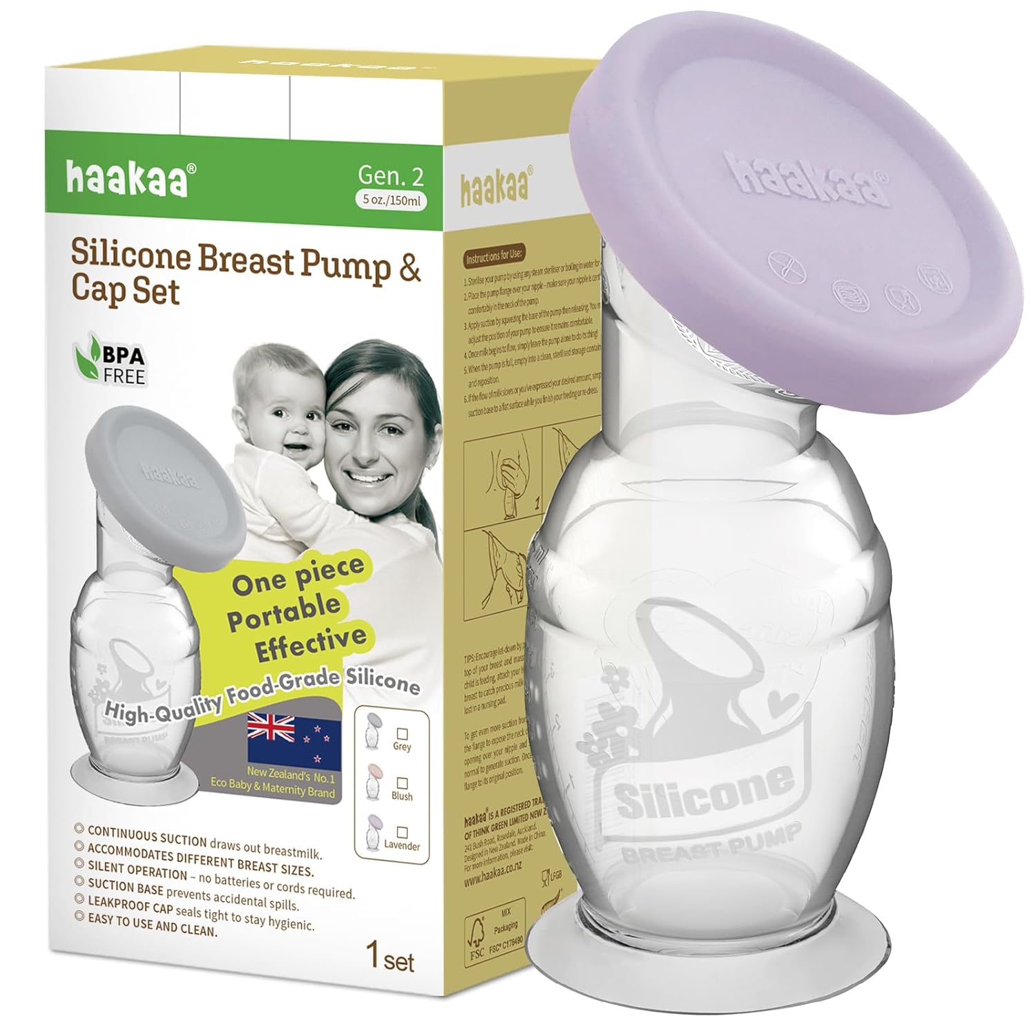 haakaa Silicone Breast Pump & Silicone Cap (Lavender) 5oz/150ml, Gen.2