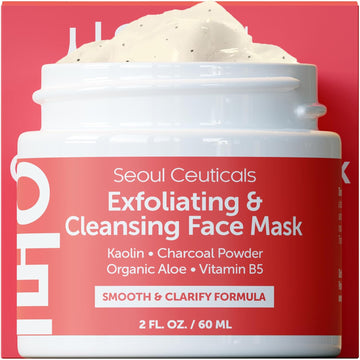 Seoulceuticals Korean Face Scrub - Exfoliating Face Mask Skincare K Beauty Mask For Glass Skin - Kaolin Clay + Charcoal Cream Exfoliant Mask 2Oz