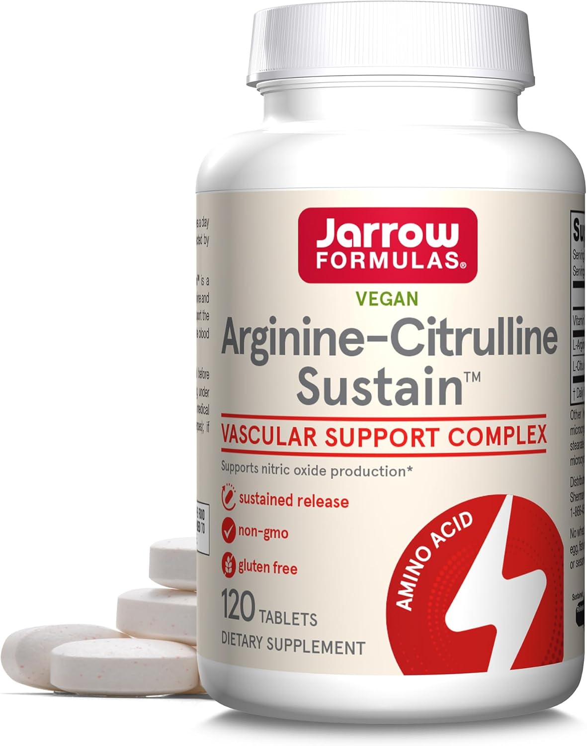 Jarrow Formulas® Arginine-Citrulline Sustain™, Dietary Supplement, Vascular Support Complex For Nitric Oxide Production And Cardiovascular Health, 120 Tablets, 60 Day Supply