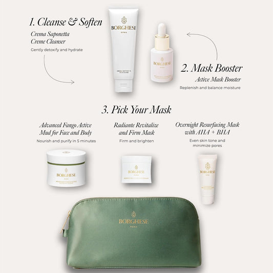Borghese Skin Renewal Discovery Set - Includes Cream Cleanser, Pre-Mask Booster Serum, Mud Mask For Face & Body, Firming Mask & Aha Bha Overnight Mask