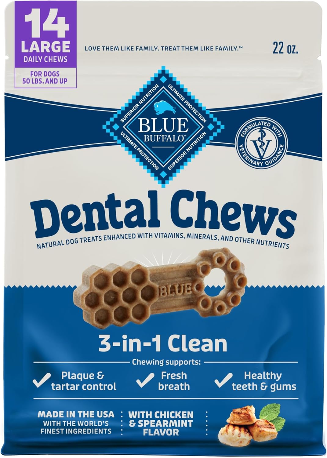 Blue Buffalo Dental Chews Large Natural Dog Treats, Chicken & Spearmint 22-Oz Bag (14 Count)