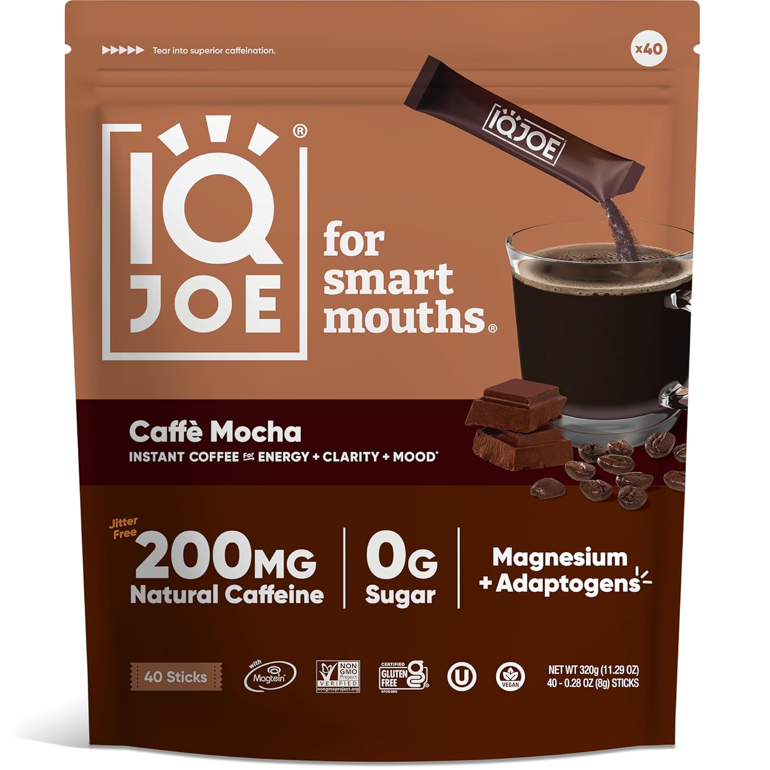 Iqjoe Instant Mushroom Coffee Packets With Lion’S Mane And Magtein Magnesium L-Threonate - New Caffè Mocha - Clarity And Mood Enhancing - Sugar Free, Keto, Vegan - 200Mg Natural Caffeine - 40 Count