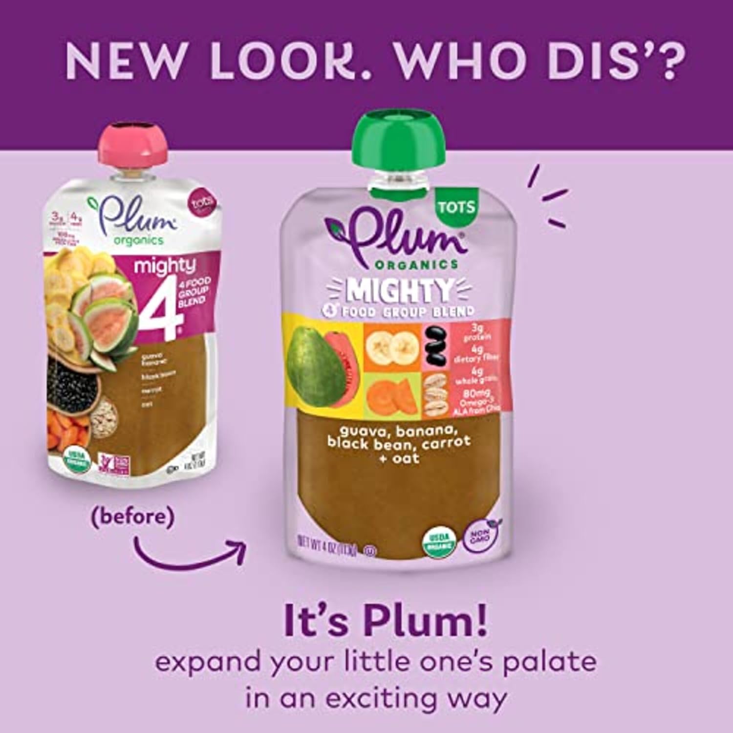 Plum Organics Mighty 4 Organic Toddler Food - Guava, Banana, Black Bean, Carrot, and Oat - 4 oz Pouch (Pack of 12) - Organic Fruit and Vegetable Toddler Food Pouch : Everything Else