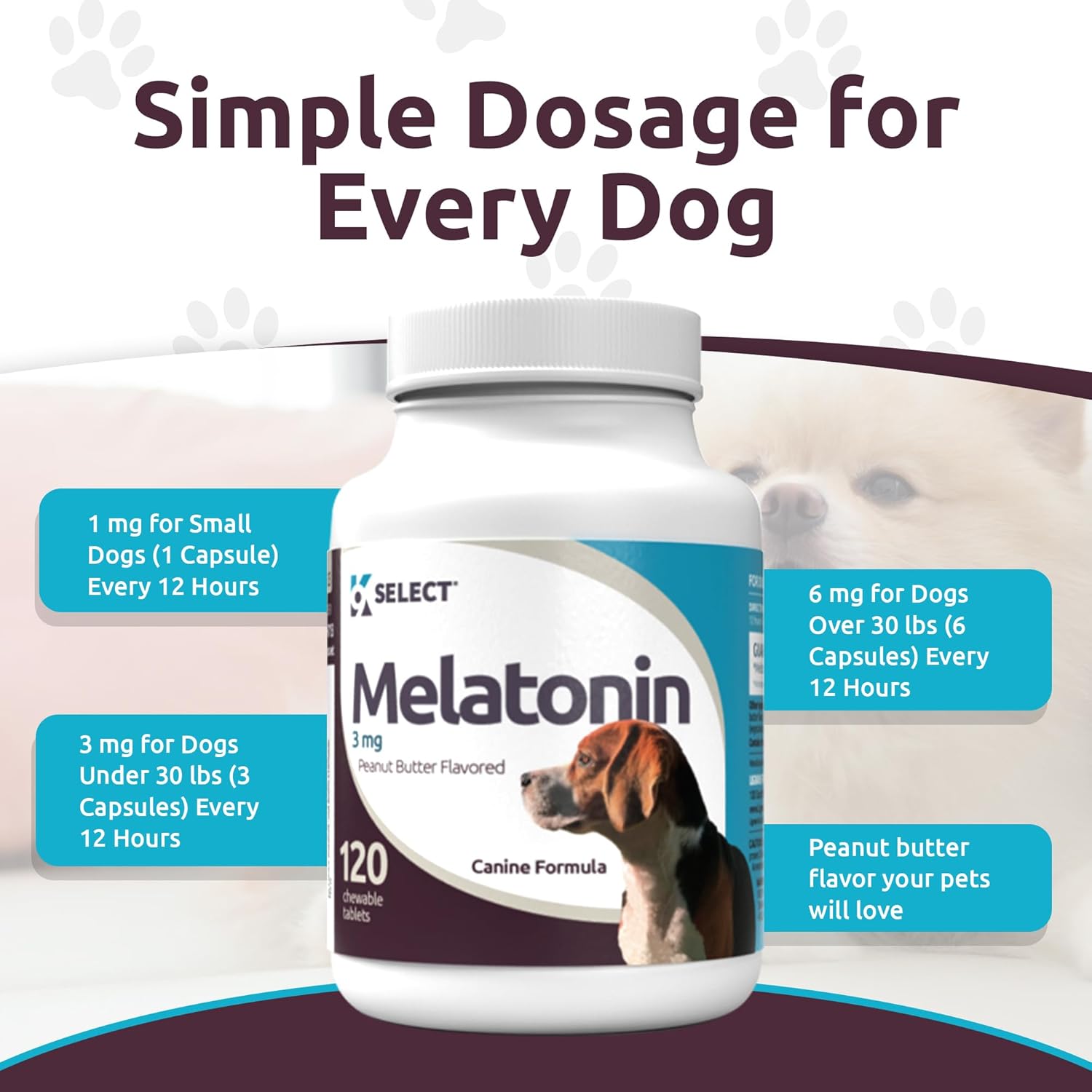 K9 Select Melatonin For Dogs - Calming Aid - Adrenal Support Sleep Aid - Reduce Stress, Pet Melatonin Treats For Medium Sized - 3 Mg, 120 Peanut Butter Flavored Tablets : Pet Supplies