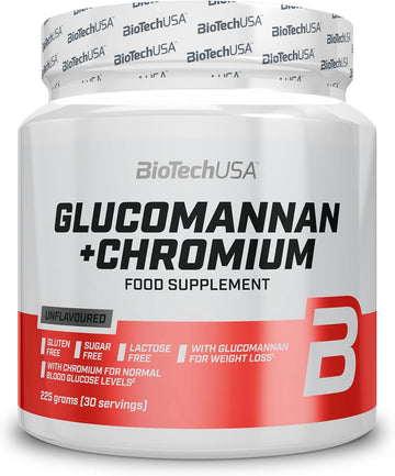 Biotechusa Glucomannan+Chromium | Unflavored Fiber Supplement | For Weight Loss And Blood Sugar Support | Lactose, Sugar, And Gluten-Free, 225 G