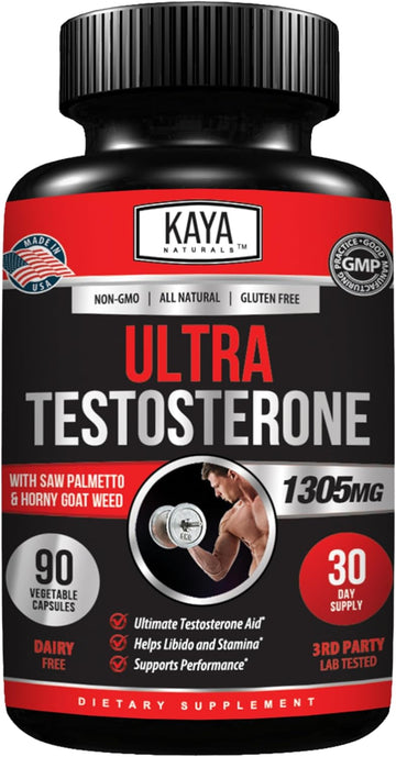 Kaya Naturals Ultra Testosterone - Men'S Testosterone Booster With Tongkat Ali, Horny Goat Weed, Tribulus - Natural Workout Supplement For Energy, Stamina, And Strength Booster - 90 Count