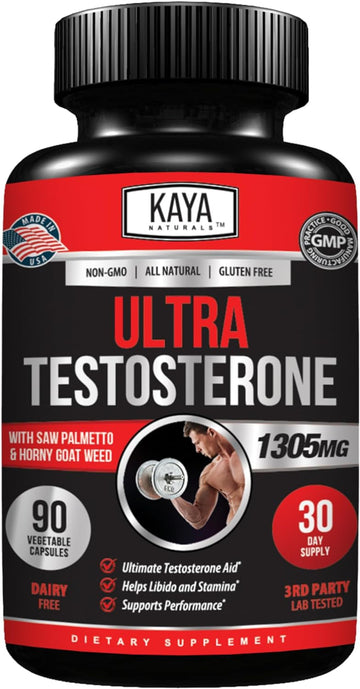 Kaya Naturals Ultra Testosterone - Men'S Testosterone Booster With Tongkat Ali, Horny Goat Weed, Tribulus - Natural Workout Supplement For Energy, Stamina, And Strength Booster - 90 Count
