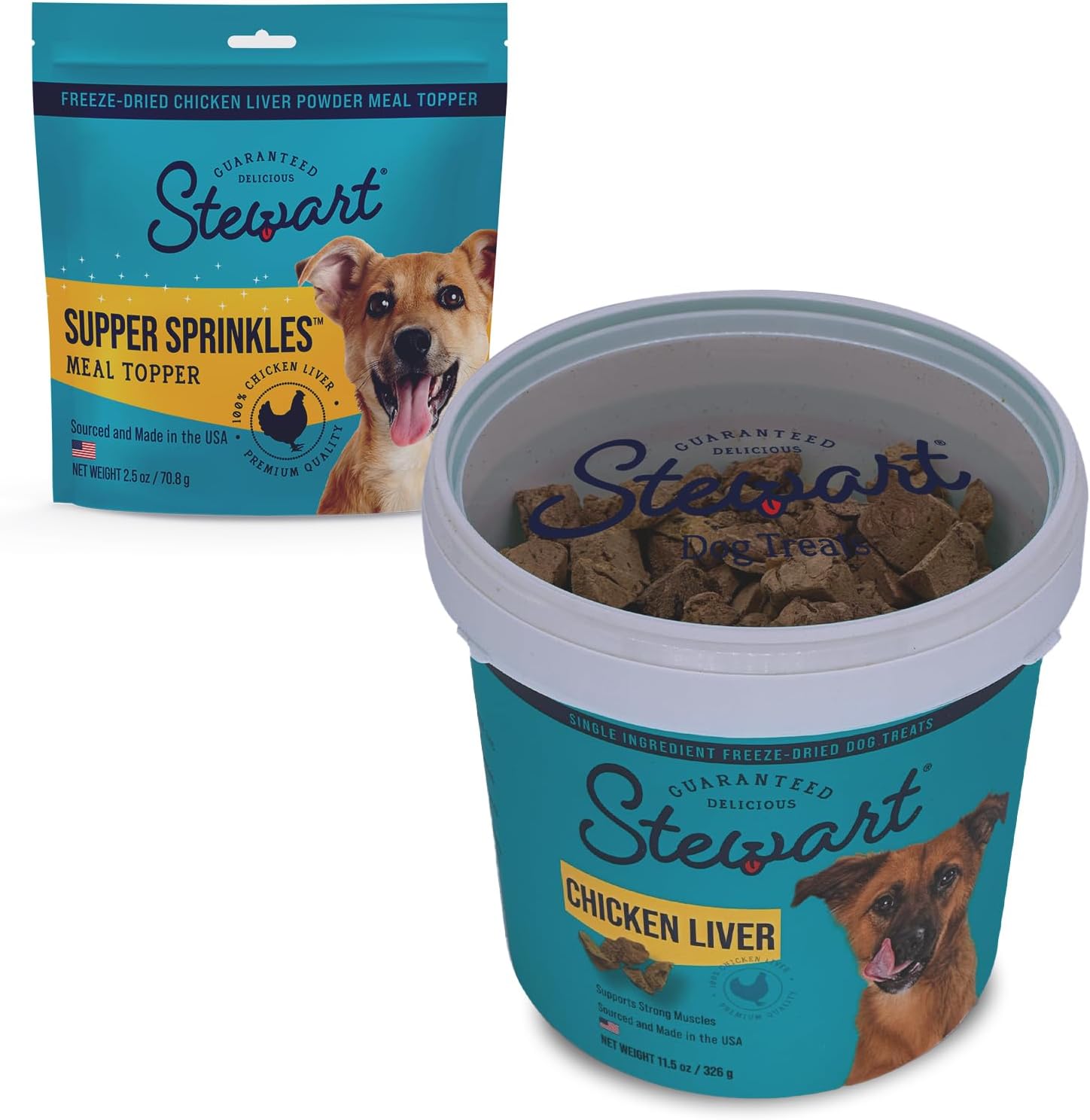 Stewart Chicken Liver Freeze Dried Dog Treats And Supper Sprinkles, Resealable Containers, Grain Free & Gluten Free, Single Ingredient, Dog Training Treats; 11.5 Oz Resealable Tub & 2.5 Oz Resealable