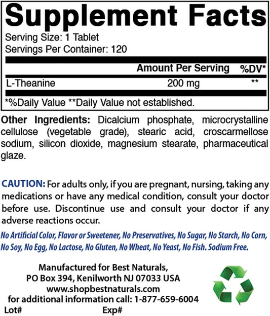 Best Naturals L-Theanine 200mg per Tablet (400mg per 2 Tablets) - Promotes Relaxation Without Drowsiness - 120 Vegetarian Tablets - (120 Count (Pack of 1))