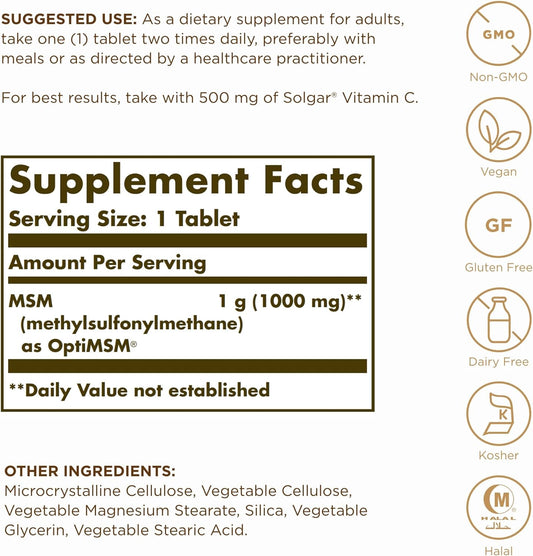 SOLGAR MSM 1000 mg - 120 Tablets, Pack of 2 - Supports Joints & Connec